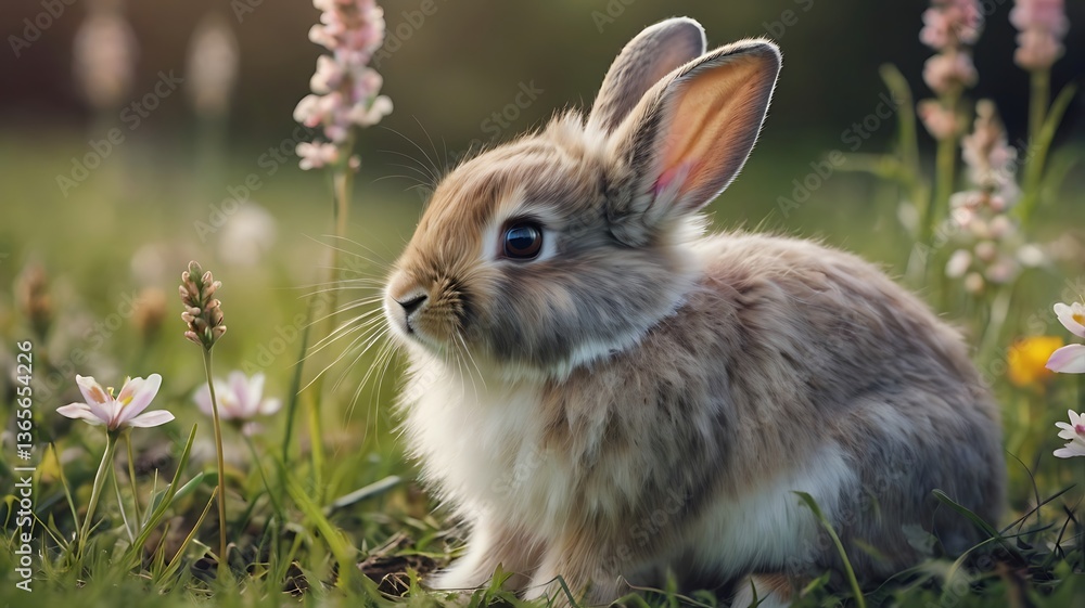 Obraz premium A fluffy baby rabbit with oversized ears, sitting in a meadow, pastel spring colors, soft focus