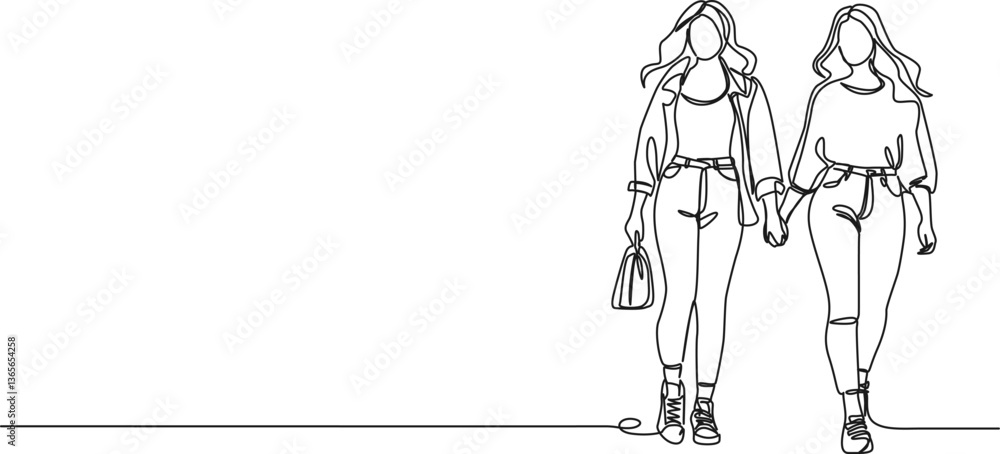 continuous single line drawing of two young women walking holding hands, line art vector illustration continuous single line drawing of two young women walking holding hands, line art vector illustration