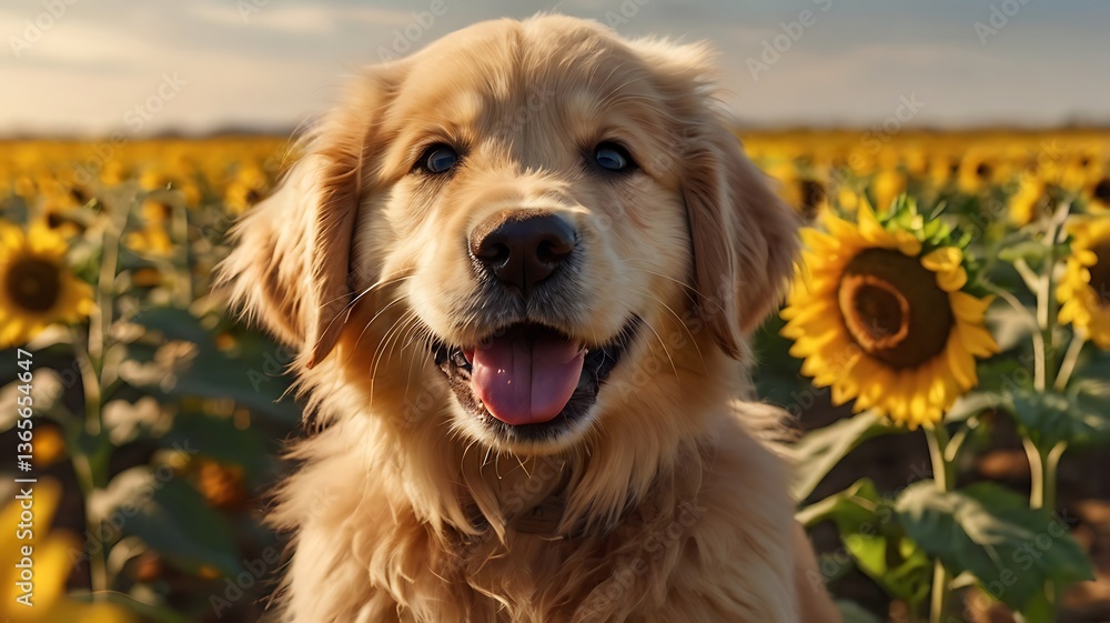 Obraz premium A fluffy Golden Retriever puppy sitting in a sunflower field, big brown eyes, happy smile, ultra-realistic fur texture, warm golden lighting, 4K ultra-detailed