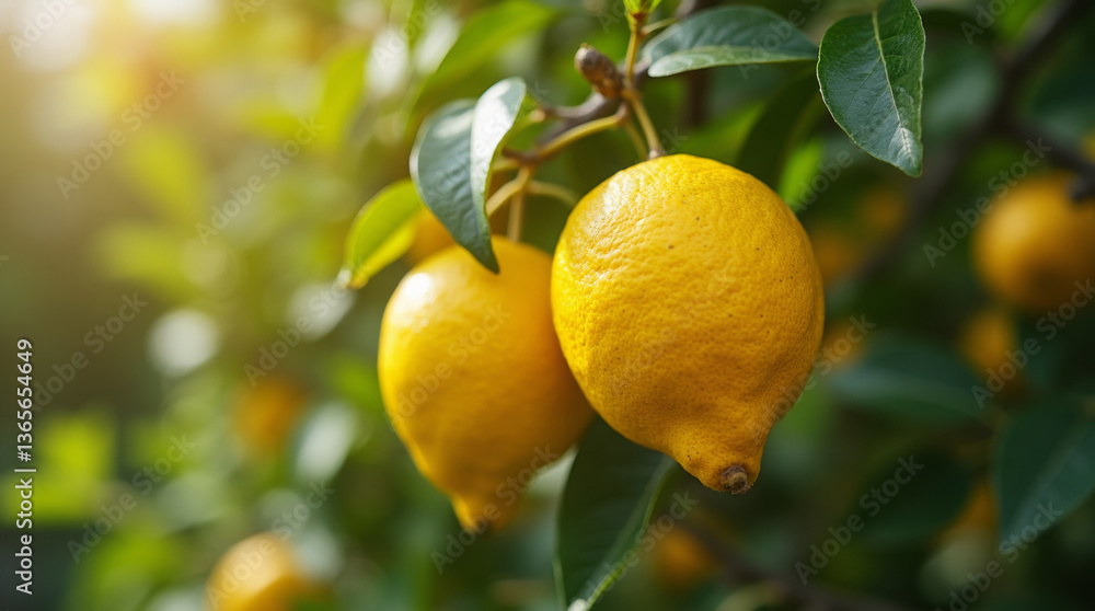 Ripe lemons on a branch in the garden in the sunlight Ripe lemons on a branch in the garden in the sunlight