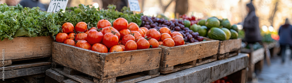 Fresh vegetables and fruits displayed in wooden crates at vibrant outdoor farmers market Fresh vegetables and fruits displayed in wooden crates at vibrant outdoor farmers market