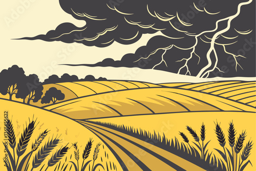 19 Dramatic storm clouds, Golden wheat field, Approaching rainstorm, Expansive prairie landscape, Contrast of light and dark, Moody atmosphere, Panoramic view, Nature's power, Rural farmland, Thunderh