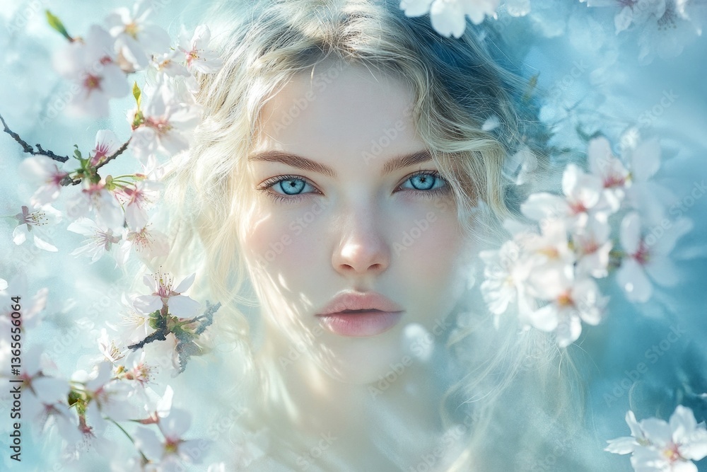 Spring mood, dawn light and fog. Commercial marketing visual idea. Stunning caucasian young woman surrounded by cherry blossoms. Woman in g rotesque spring style. Bright woman in floral park. Spring mood, dawn light and fog. Commercial marketing visual idea. Stunning caucasian young woman surrounded by cherry blossoms. Woman in g rotesque spring style. Bright woman in floral park.