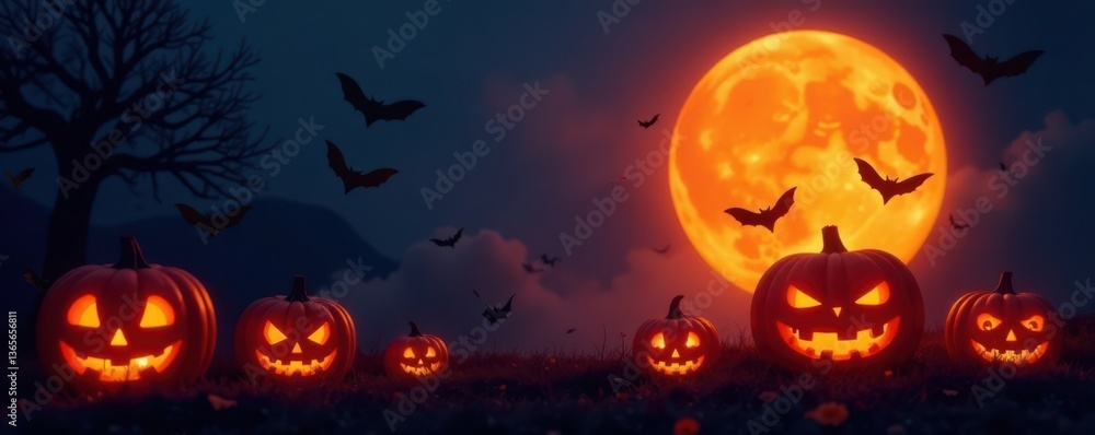 Flying bats silhouetted against glowing jack-o-lanterns , spooky, jack-o-lantern Flying bats silhouetted against glowing jack-o-lanterns , spooky, jack-o-lantern