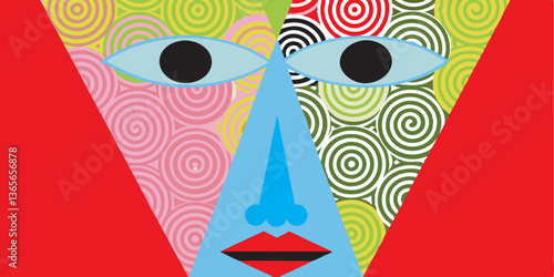A portrait of a face built entirely from concentric circles, squares, and triangles, seamlessly blending vibrant colors into an abstract masterpiece