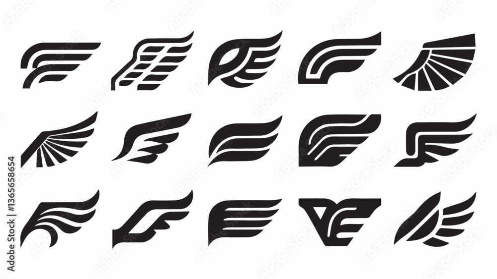Wing Collection Assorted Stylized Wing Icons on Transparent Background, Flight Elements Wing Collection Assorted Stylized Wing Icons on Transparent Background, Flight Elements