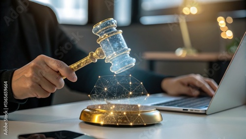 Justice equality legal concept. A person using a gavel over a digital auction platform symbolizing online bidding.