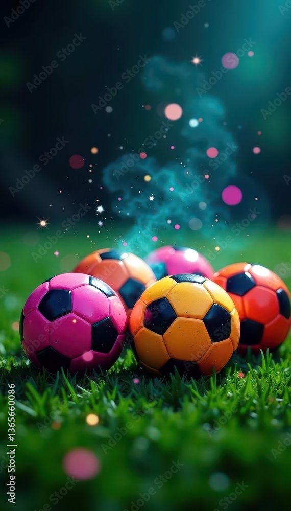 Fototapeta premium Four vibrant soccer balls gleam on lush green grass, sparkling with magical dust , texture, grass, dust