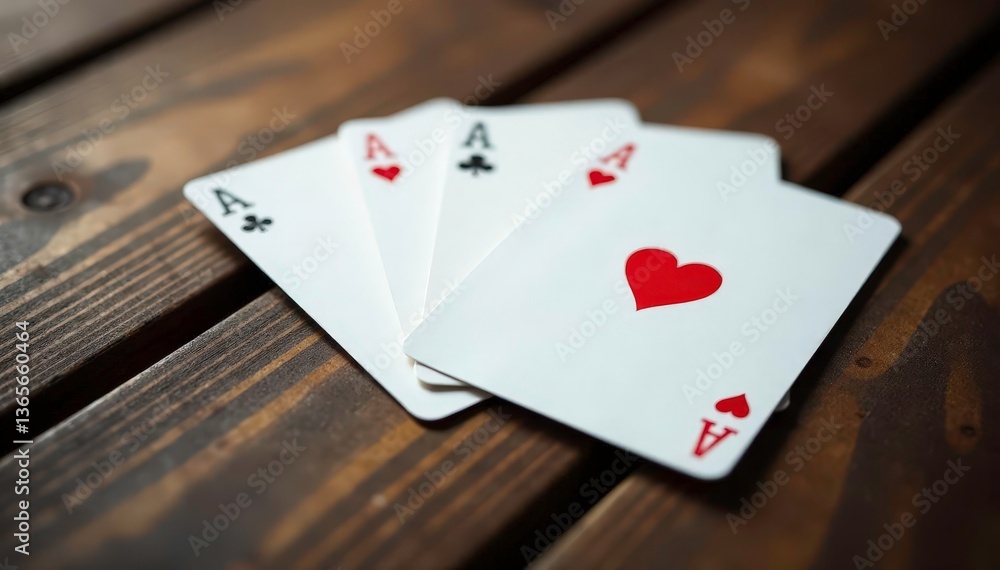 Obraz premium Four aces arranged in a square pattern on a wood table , ??, cards, square