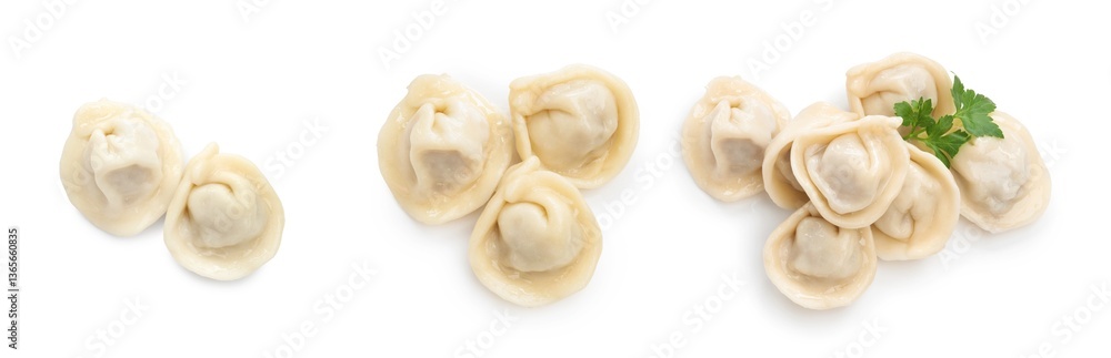 Tasty boiled dumplings (pelmeni) with fresh parsley on white background, set. Top view Tasty boiled dumplings (pelmeni) with fresh parsley on white background, set. Top view
