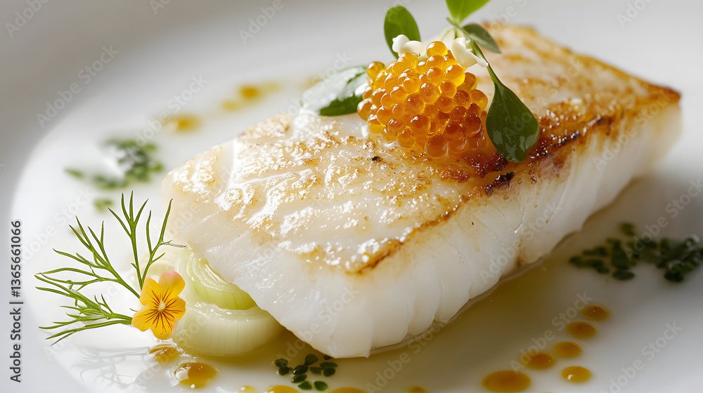 Lightly Poached Turbot Fillets Garnished with Delicate Greens and Caviar Drizzled in Champagne Reduction Lightly Poached Turbot Fillets Garnished with Delicate Greens and Caviar Drizzled in Champagne Reduction