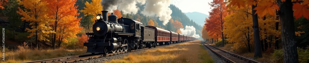 Obraz premium Steam locomotive pulls carriages past vibrant fall colors , scenery, railway, vibrant