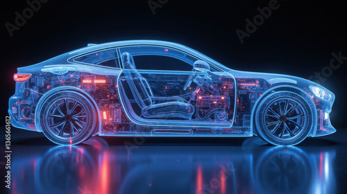 Fototapeta Naklejka Na Ścianę i Meble -  futuristic car design showcasing transparent exterior revealing intricate internal components and circuitry, illuminated in blue light