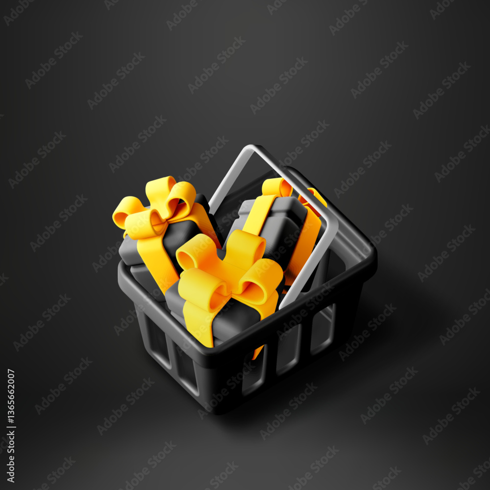 Naklejka premium 3D Shopping basket filled with gift boxes isolated. Render luxury gifts with golden ribbons for holiday season celebration. Present for family and friends on black friday sale. Vector illustration