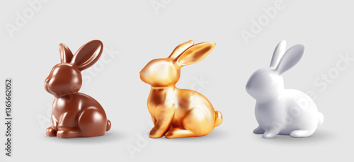 3D set of Easter bunnies isolated. Render spring holidays greeting for Easter day celebration. Chocolate, gold and white rabbit figurines for traditional gift card design backdrop. Vector illustration
