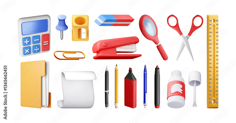 3d stationery tools set isolated. Render supply equipment collection on white background. Creative business or education concept. Office supply, school and education equipment Vector illustration 3d stationery tools set isolated. Render supply equipment collection on white background. Creative business or education concept. Office supply, school and education equipment Vector illustration