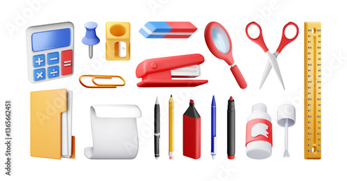 3d stationery tools set isolated. Render supply equipment collection on white background. Creative business or education concept. Office supply, school and education equipment Vector illustration