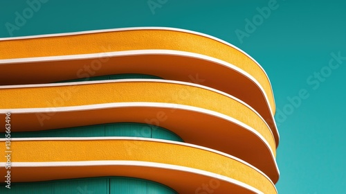 Orange building, curved design, teal sky, architectural detail, modern design