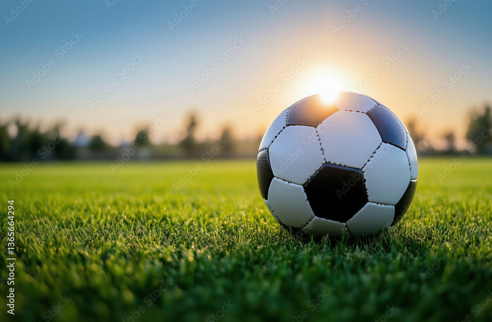 Fototapeta premium Soccer ball resting on green grass illuminated by sunset light with a dreamy shallow depth of field
