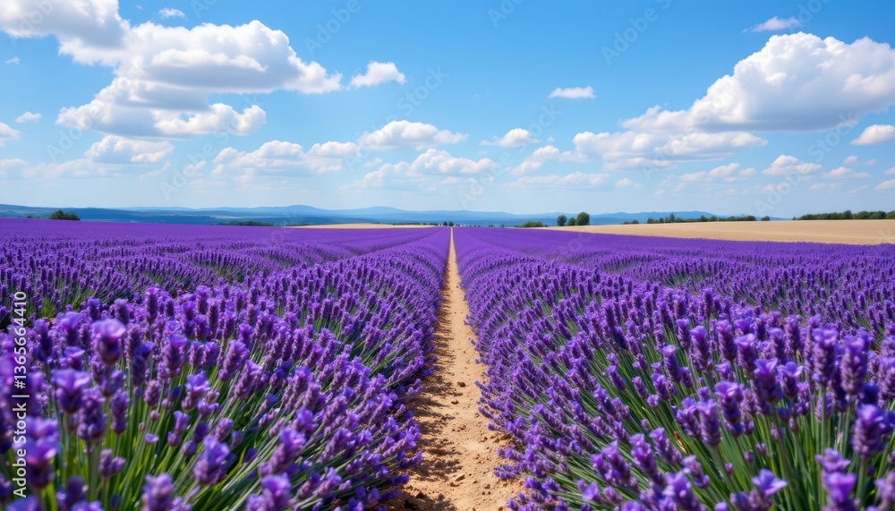 Obraz premium Lavender Field in Full Bloom Design a picturesque lavender field stretching toward the horizon, with vibrant purple blooms swaying gently in the breeze