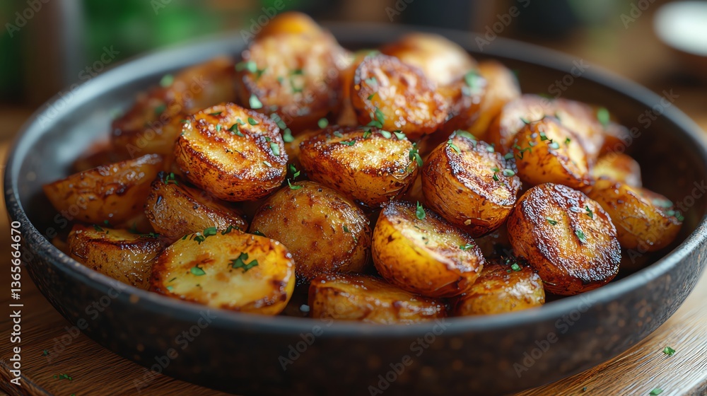 Serving of Roasted Potatoes with Herbs in Bowl on Wooden Board Serving of Roasted Potatoes with Herbs in Bowl on Wooden Board