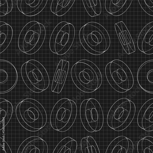 Mechanical engineering drawings on black background. Cutter, assembly tool with replaceable multi-faceted plate. Technical Design. Cover. Blueprint. Vector illustration. Seamless pattern.