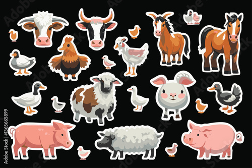 Farm Animals Cartoon Stickers Set Cow, Chicken, Duck, Horse, Pig, Sheep, Rabbit, Goose