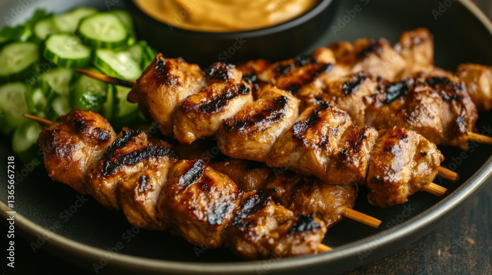 Grilled chicken skewers with cucumbers and dipping sauce Grilled chicken skewers with cucumbers and dipping sauce