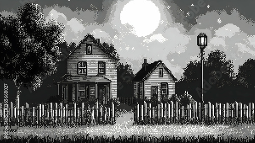 Pixel Art Monochrome Night Scene of Houses Under a Shining Moon with a Rustic Fence and a Vintage Street Lamp in a Tranquil Rural Grayscale Backdrop