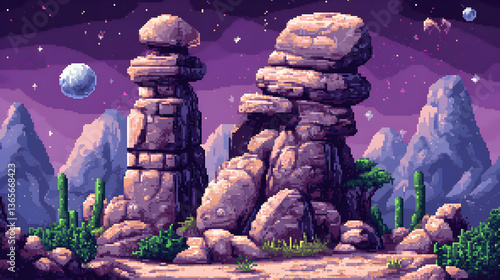 Pixel Art Rocky Mountain Landscape with Plants and Starry Nebula Sky Digital Artwork Environment Background