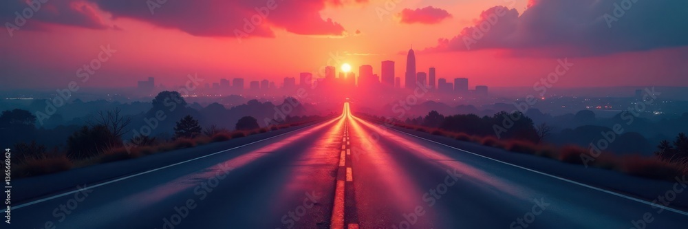 Fototapeta premium Dark asphalt road vanishing into a hazy cityscape , texture background, cityscape