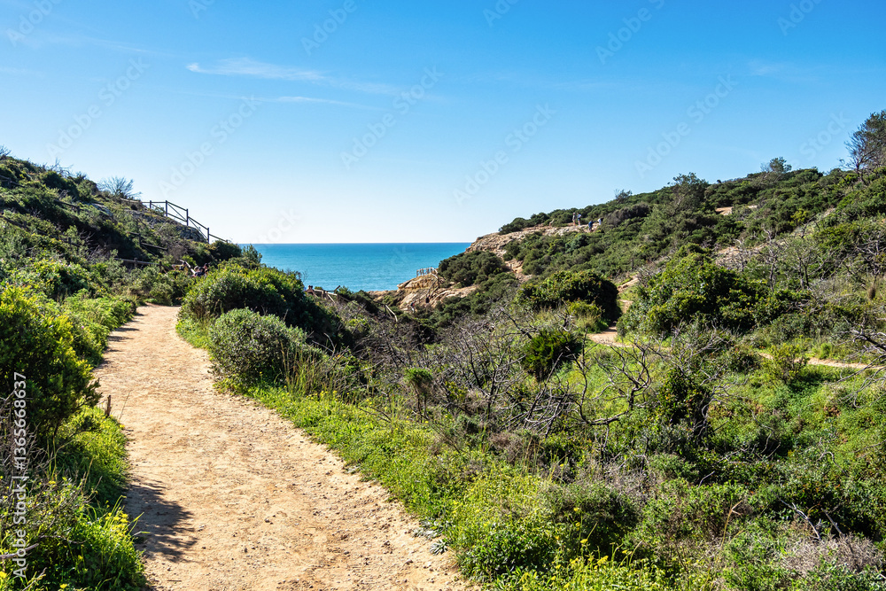 Praia da Marinha Beach among rock islets and cliffs seen from Seven Hanging Valleys Trail, Algarve, Portugal