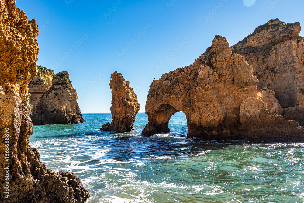Ponta da Piedade is a unique rock formation with famous grottos in the ocean at Lagos, Algrave, Portugal