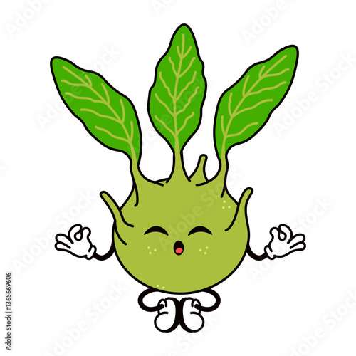 Happy cartoon vegetable with leafy arms meditating in a peaceful pose in a playful design