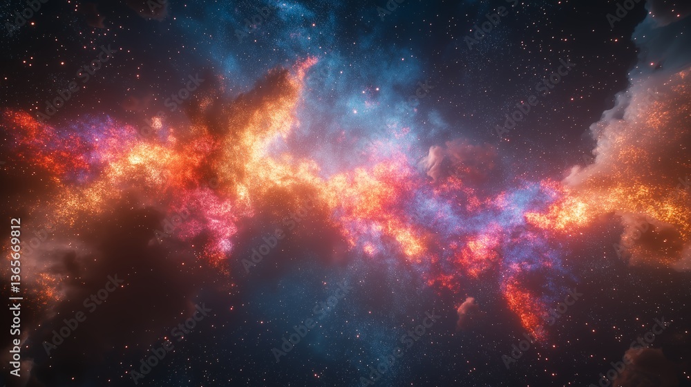 Obraz premium A cosmic dance of fiery nebulae, swirling in a breathtaking celestial ballet of vibrant orange, red, and blue hues across a dark, star-studded canvas.