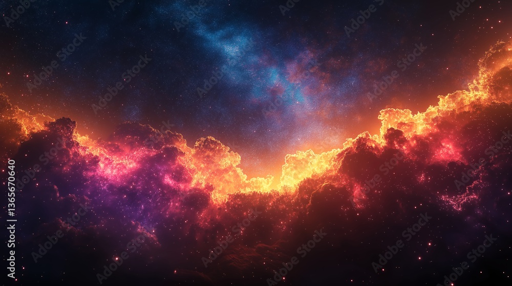Fototapeta premium A fiery cosmic nebula ablaze with vibrant stars, a celestial canvas painted in fiery oranges and deep purples, showcasing a breathtaking display of cosmic energy.