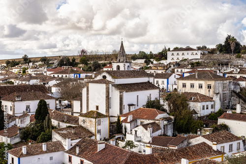 View of Obidos with renaissance Church of Saint Mary, Santa Maria at Obidos, Portugal