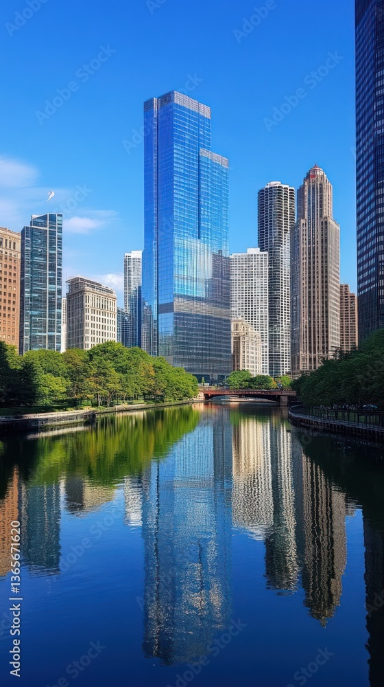 Tall city skyscrapers reflecting on a calm still river on a sunny day Tall city skyscrapers reflecting on a calm still river on a sunny day