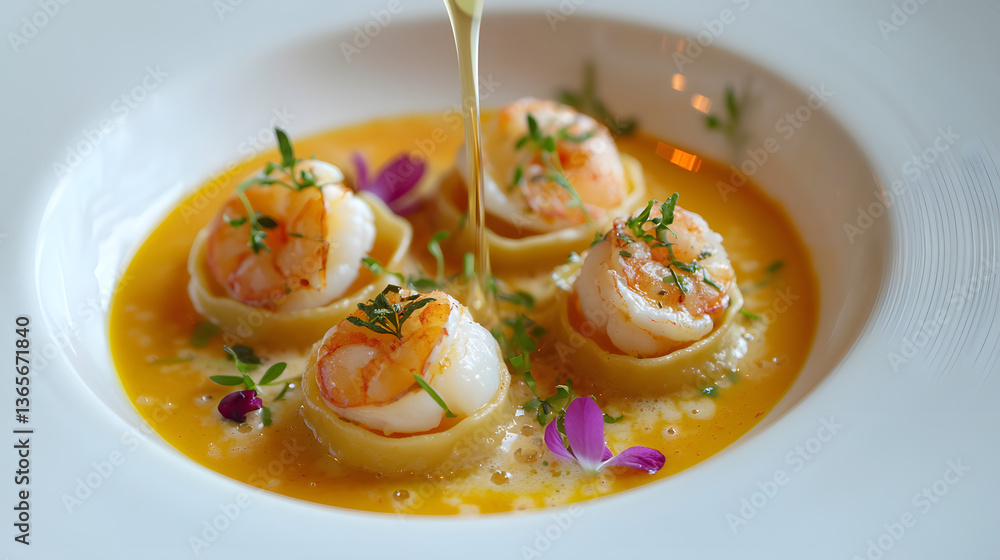 Exquisite Ravioli Dish Featuring Shrimp in Rich Sauce with Herbs and Garnish, Elegant Presentation Style Exquisite Ravioli Dish Featuring Shrimp in Rich Sauce with Herbs and Garnish, Elegant Presentation Style