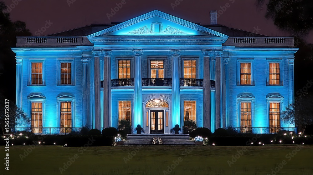 Fototapeta premium Grand Mansion Illuminated In Blue Night Lighting
