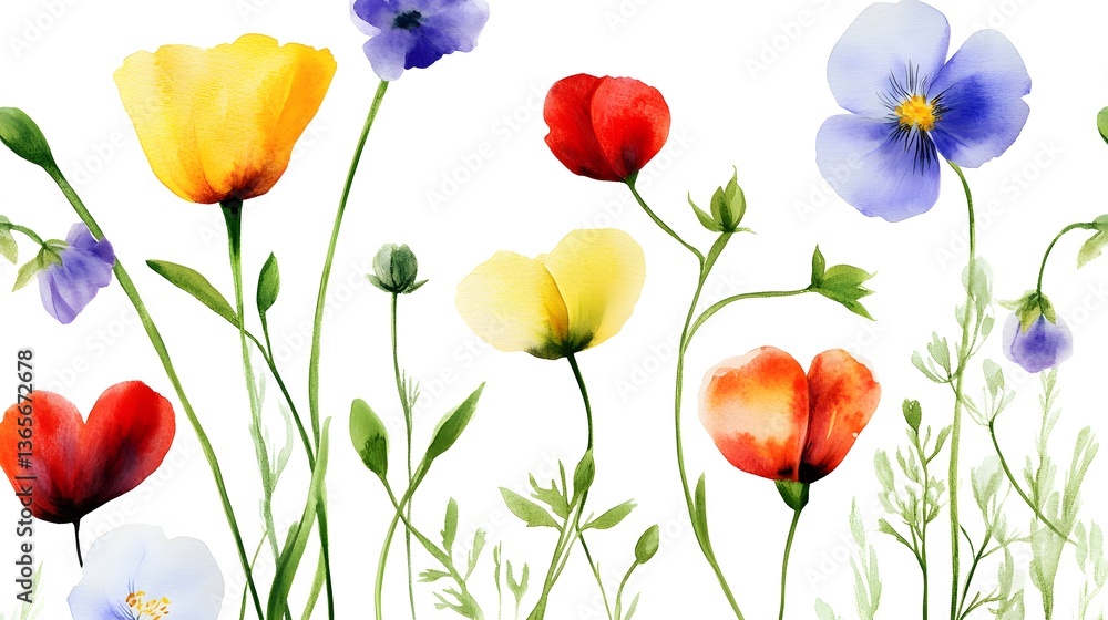 Fototapeta premium Watercolor Wildflowers Botanical Painting Spring Floral