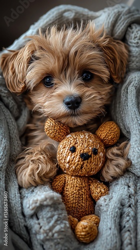 Cute puppy cuddles teddy bear in cozy blanket.