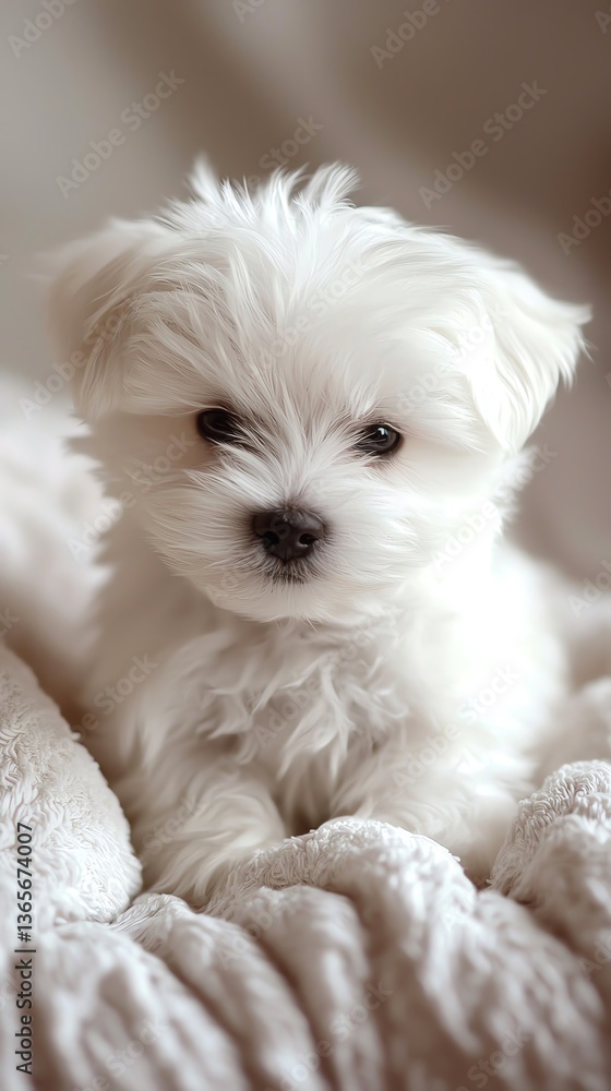 Cute white puppy resting on soft blanket. Cute white puppy resting on soft blanket.