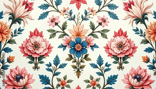 Intricate floral damask pattern in pastel hues, soft, roses