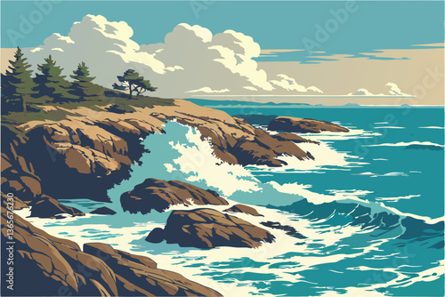 23 Dramatic rocky coastline, crashing turquoise waves, rugged cliffs, deep blue ocean, white sea spray, clear blue sky, fluffy clouds, sunlit rocky shore, coastal landscape, vibrant colors, high contr