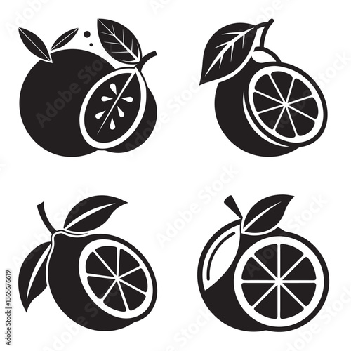 Citrus Delight: A monochrome collection of citrus fruits, artistically crafted with leaf embellishments and sliced sections, exuding a fresh and zesty visual appeal.