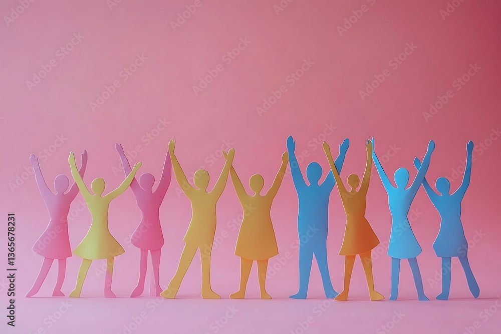 Cheerful Colorful Paper People Standing Together in Unity