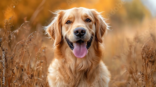 Happy dog in sunlit autumn field
