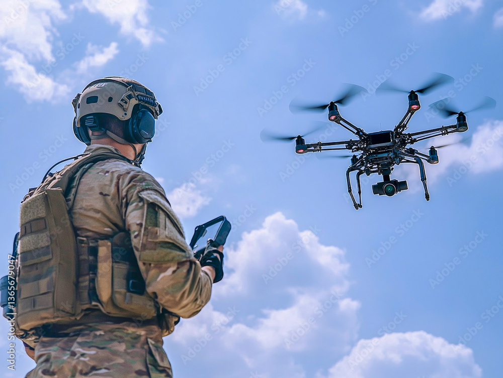 Fototapeta premium Soldier remotely controls a military drone in an expansive sky, demonstrating advanced reconnaissance capabilities and aerial surveillance technology