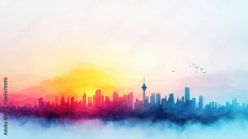 Fototapeta premium Majestic City Skyline at Dusk with a Soaring Bird Above Silhouetted Buildings Creating a Harmonious Blend of Urban Life and Natural Freedom
